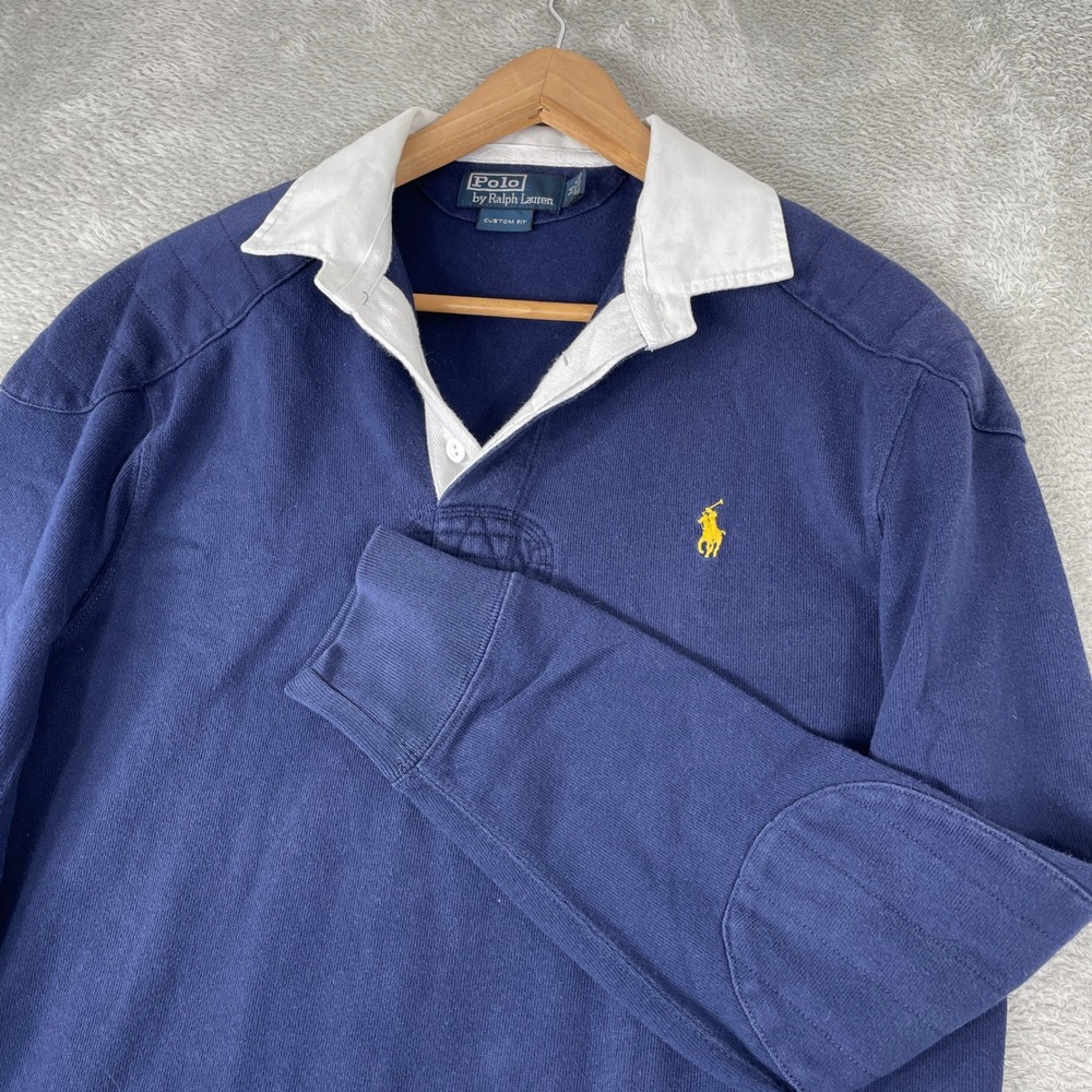 Polo Ralph Lauren Rugby Shirt Mens Medium Blue Y2K Custom Fit Elbow Patch Pony